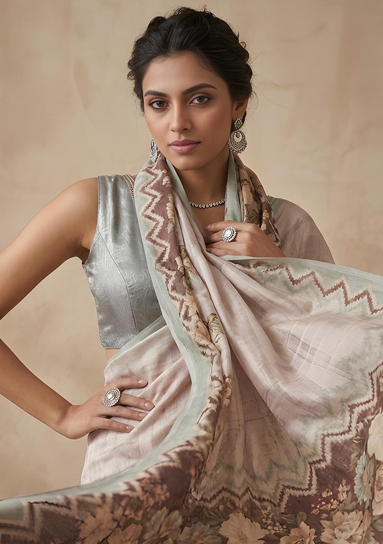Pastel Pink Printed Simar Saree Set - Indya