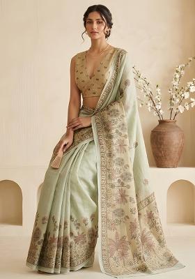 Sage Green Printed Simar Saree Set