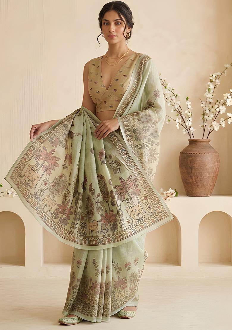 Sage Green Printed Simar Saree Set - Indya