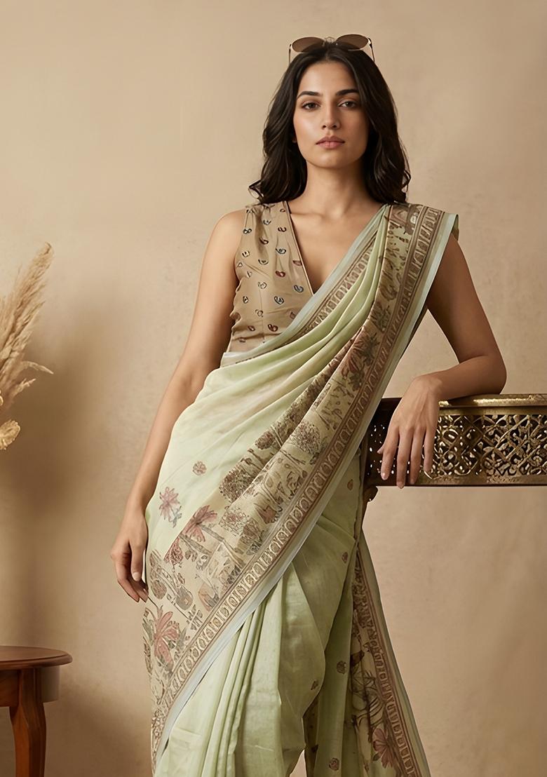 Sage Green Printed Simar Saree Set - Indya