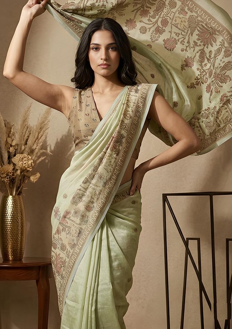Sage Green Printed Simar Saree Set - Indya
