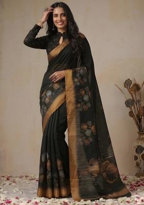 Black Printed Cotton Saree Set