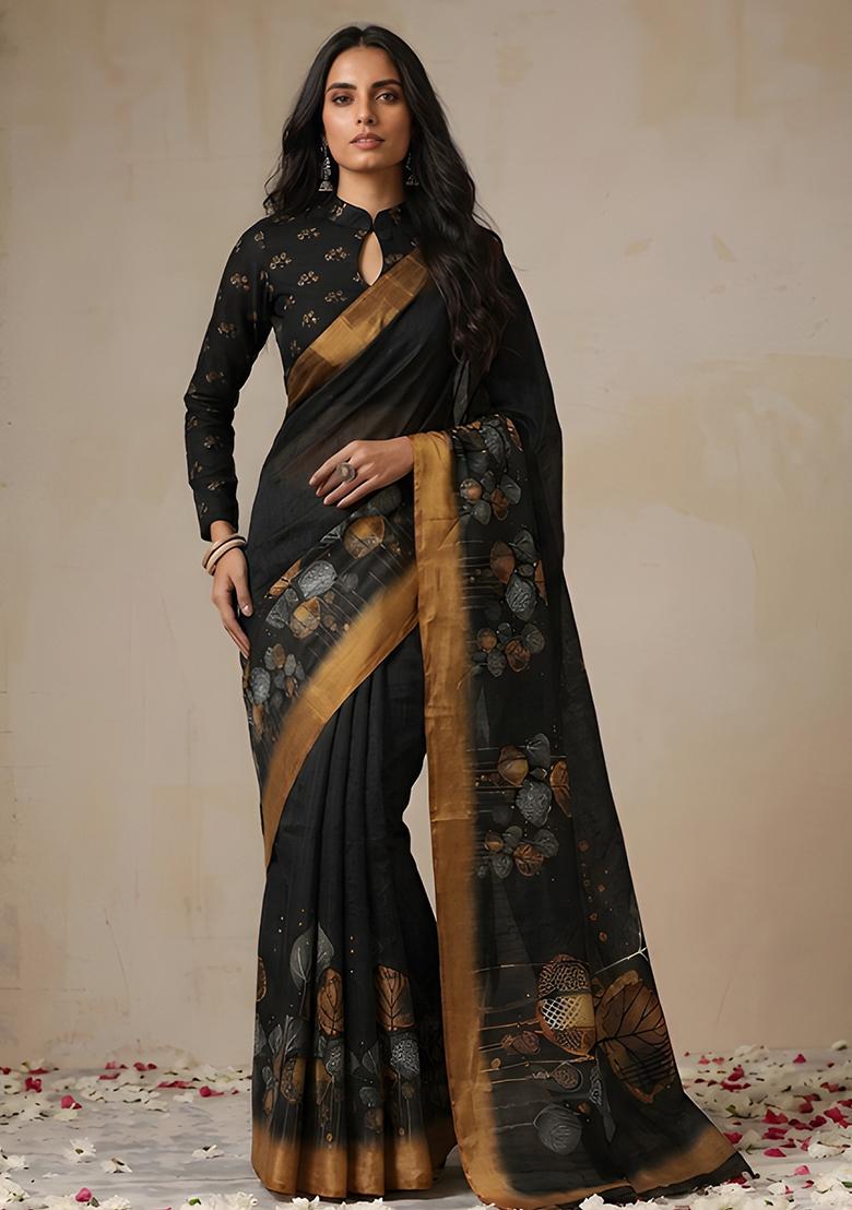 Black Printed Cotton Saree Set - Indya
