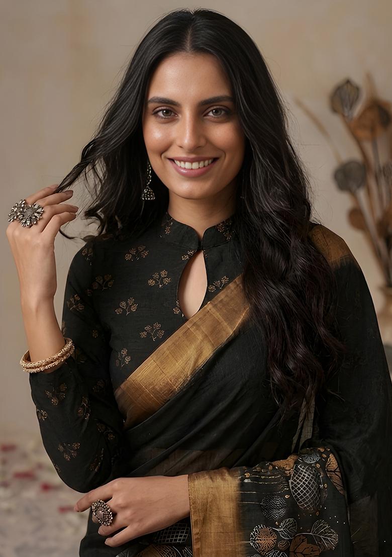 Black Printed Cotton Saree Set - Indya