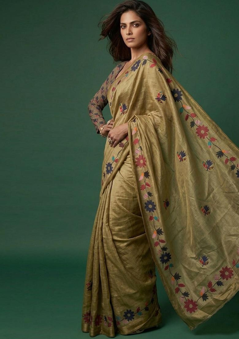 Olive Green Printed Cotton Saree Set - Indya