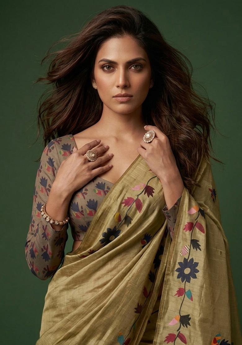 Olive Green Printed Cotton Saree Set - Indya