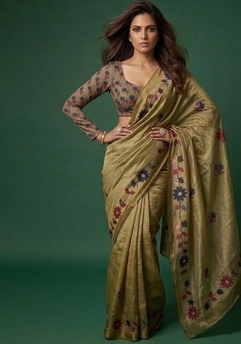 Olive Green Printed Cotton Saree Set — view on Indya