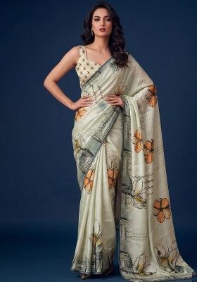 Sage Green Printed Cotton Saree Set