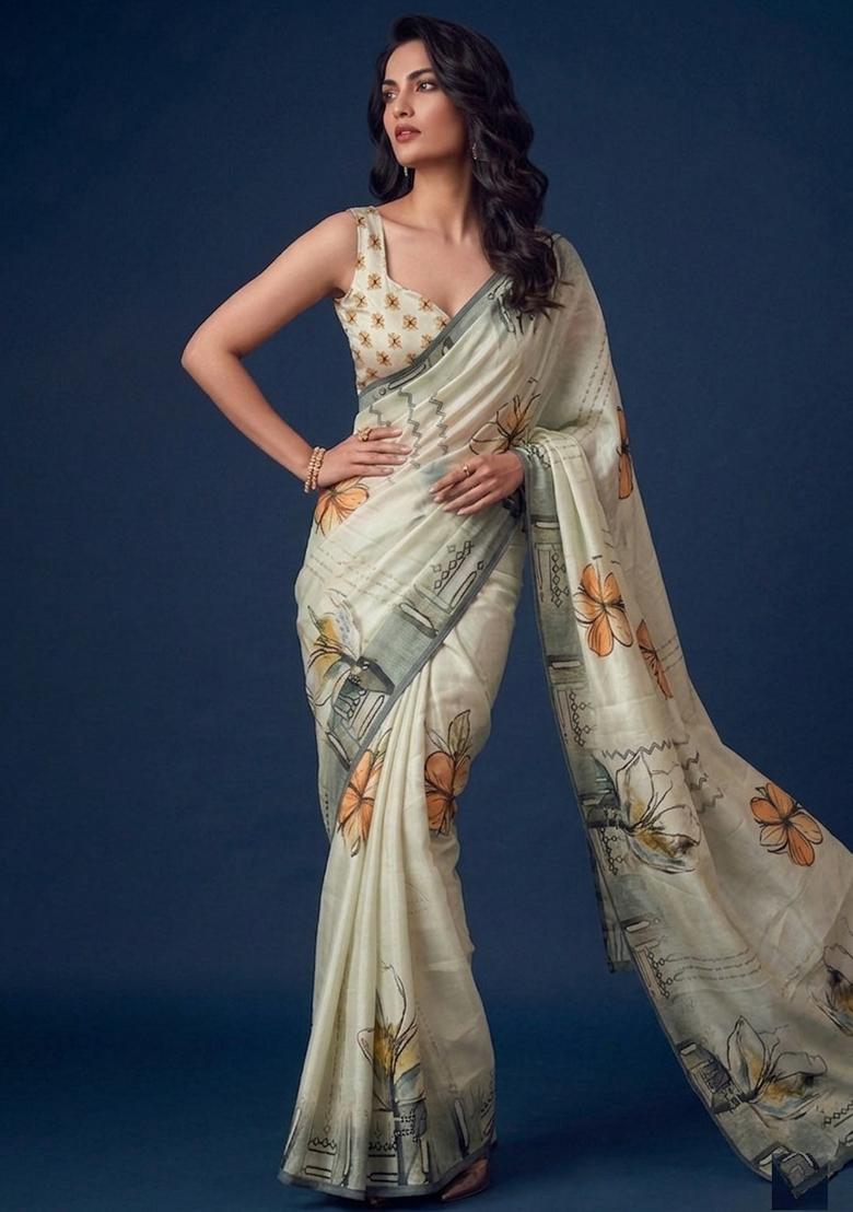 Sage Green Printed Cotton Saree Set - Indya
