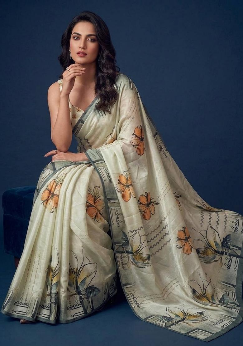 Sage Green Printed Cotton Saree Set - Indya