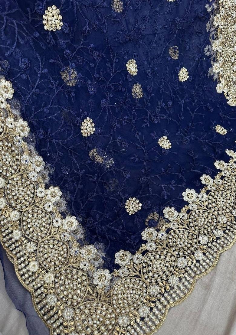 Blue Thread Work Net Saree - Indya