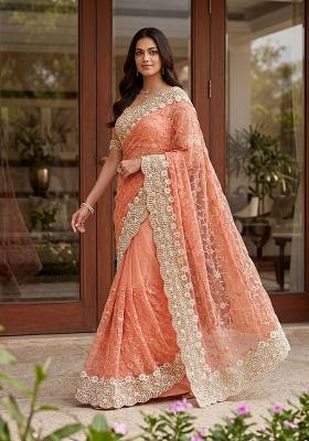 Peach Thread Work Net Saree