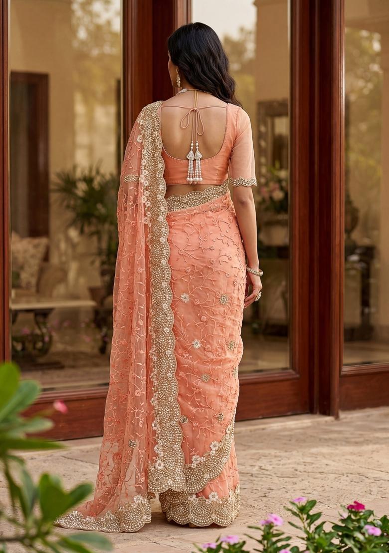 Peach Thread Work Net Saree - Indya