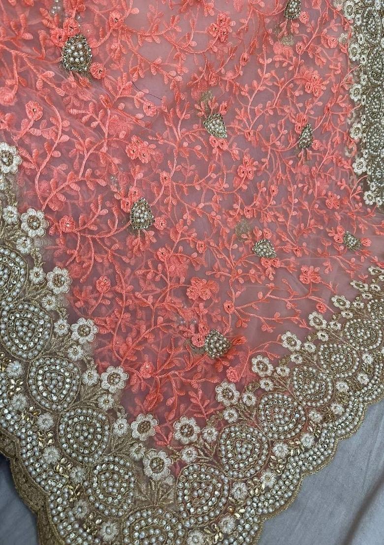 Peach Thread Work Net Saree - Indya