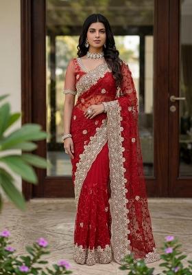 Red Thread Work Net Saree