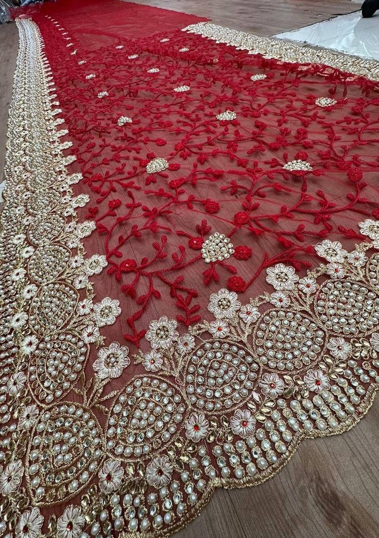 Red Thread Work Net Saree - Indya