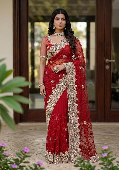 Red Thread Work Net Saree — view on Indya