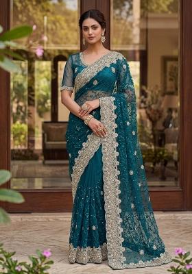 Teal Thread Work Net Saree