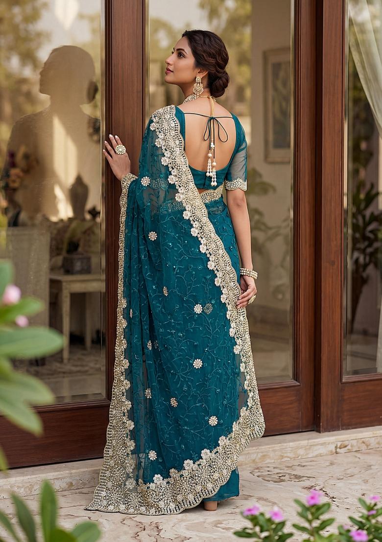 Teal Thread Work Net Saree - Indya