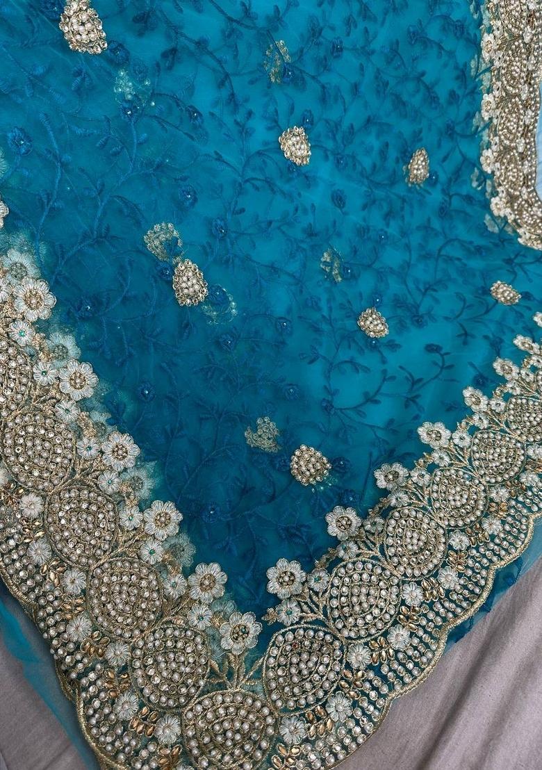 Teal Thread Work Net Saree - Indya