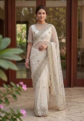 White Thread Work Net Saree