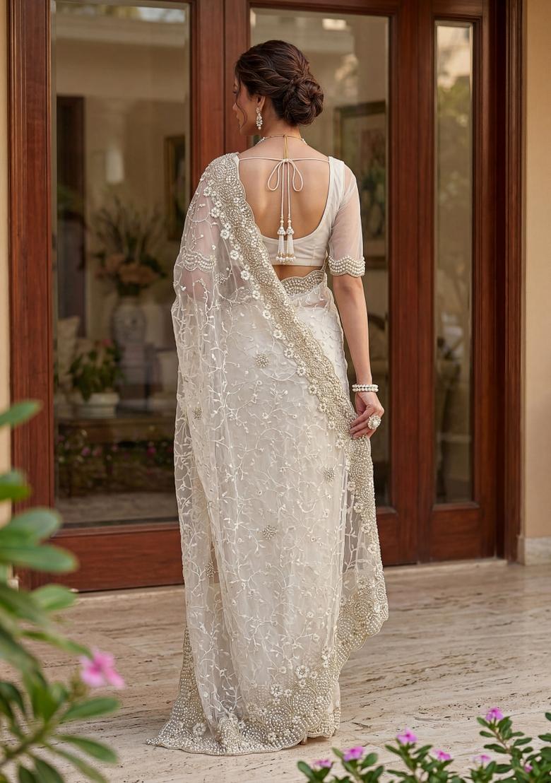White Thread Work Net Saree - Indya