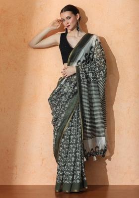 Black Printed Linen Saree Set