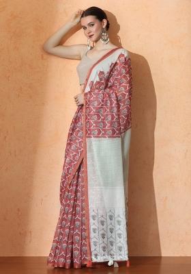 Purple Printed Linen Saree Set