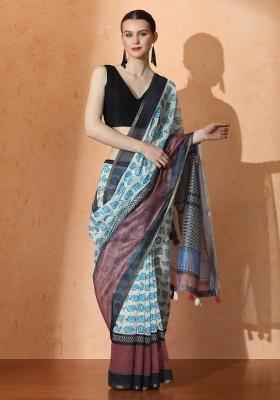 Brown Printed Cotton Saree Set