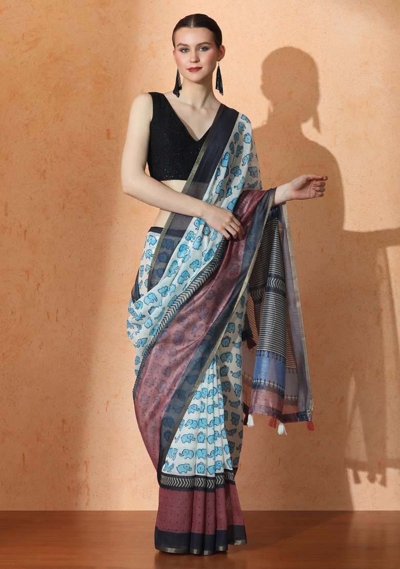 Brown Cotton Saree Set with Printed for Diwali | Wedding & Festive Wear - Indya
