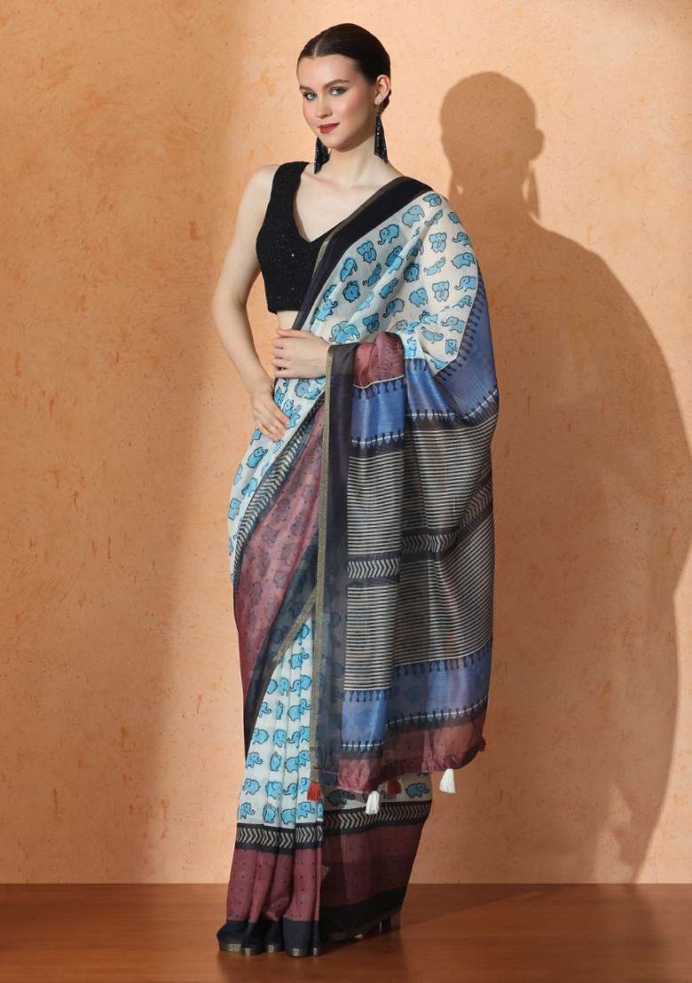 Brown Cotton Saree Set with Printed for Diwali | Wedding & Festive Wear - Indya