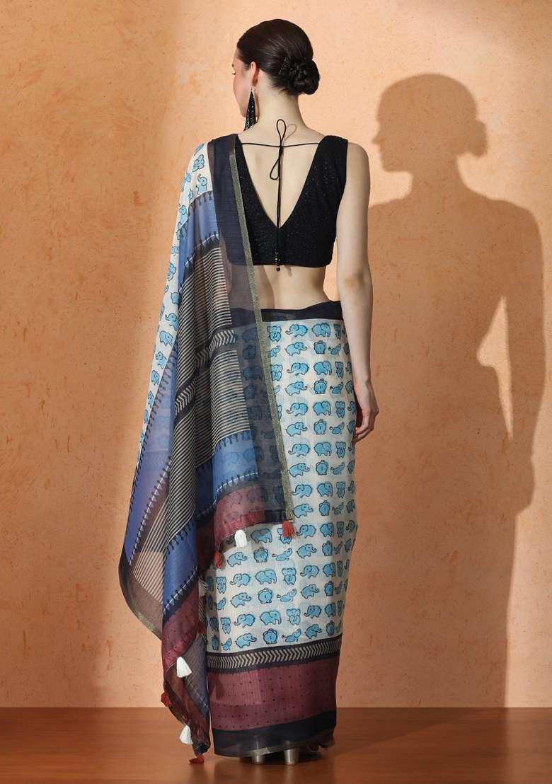 Brown Cotton Saree Set with Printed for Diwali | Wedding & Festive Wear - Indya