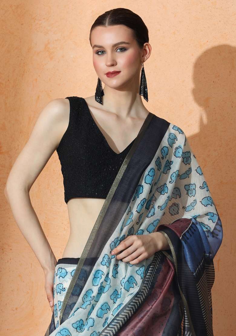 Brown Cotton Saree Set with Printed for Diwali | Wedding & Festive Wear - Indya