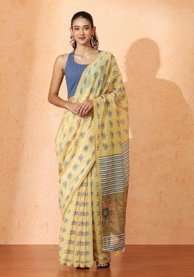 Yellow Printed Cotton Saree Set