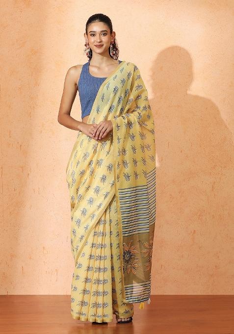 Yellow Printed Cotton Saree Set