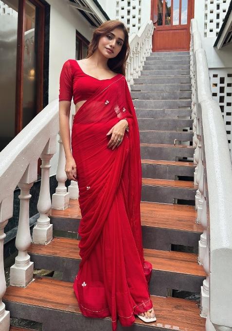 Red Handwork Georgette Saree Set