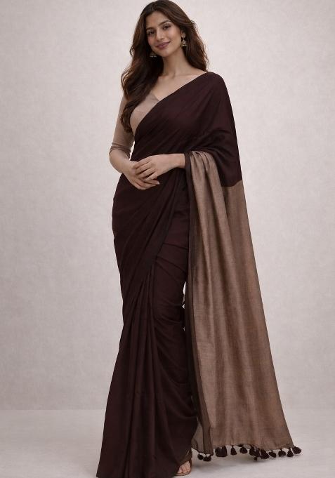 Brown Beige Woven Khadi Saree Set