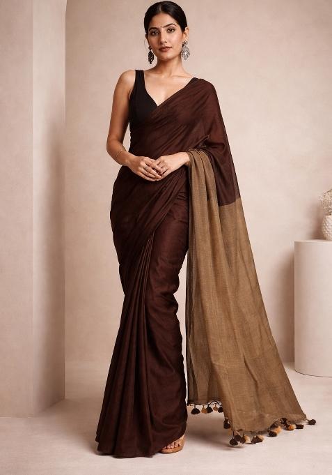 Brown Beige Woven Khadi Saree Set