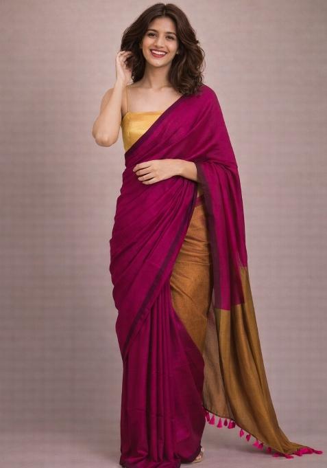 Magenta Gold Woven Khadi Saree Set