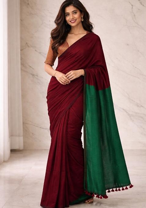 Maroon Green Woven Khadi Saree Set