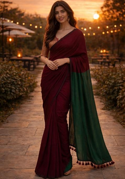 Maroon Green Woven Khadi Saree Set
