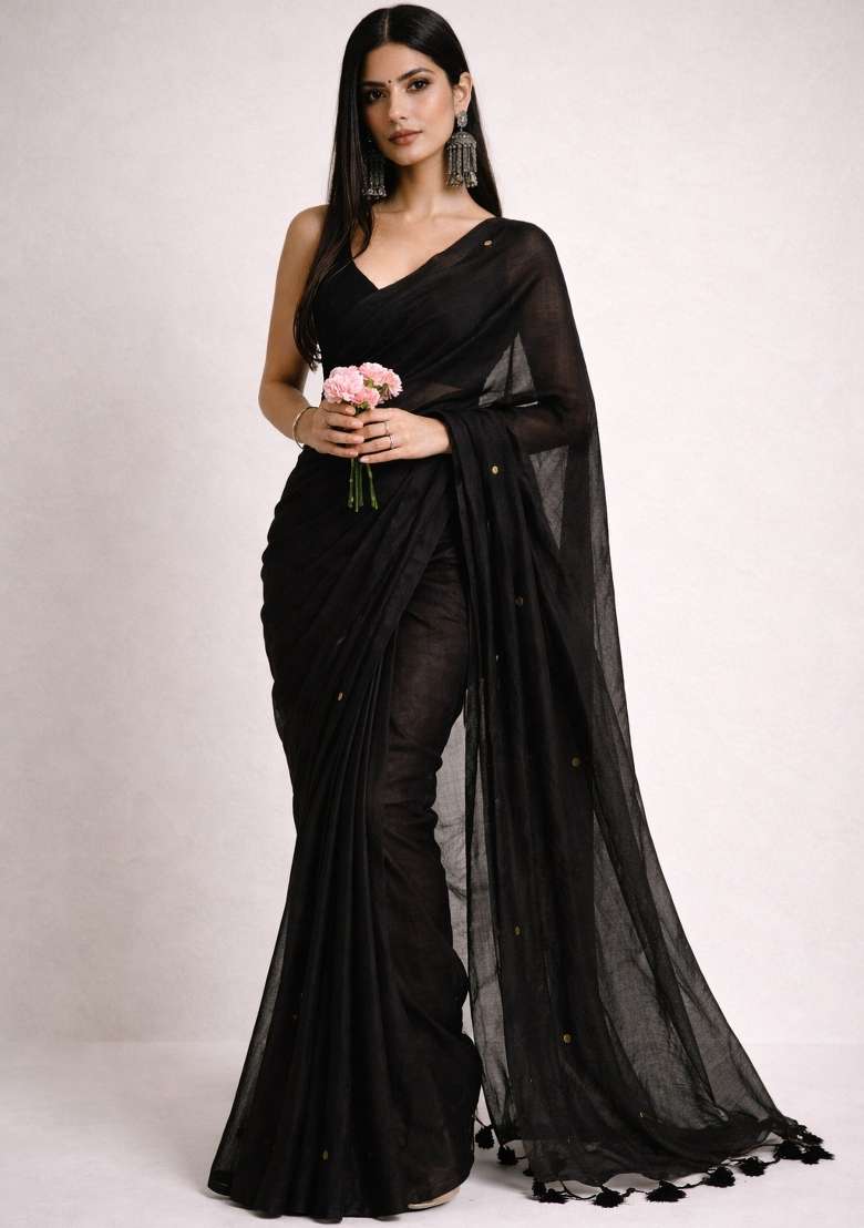 Black Woven Khadi Saree Set for Diwali | Wedding & Festive Wear - Indya