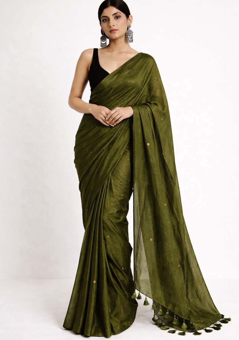 Bottle Green Woven Khadi Saree Set for Diwali | Wedding & Festive Wear - Indya