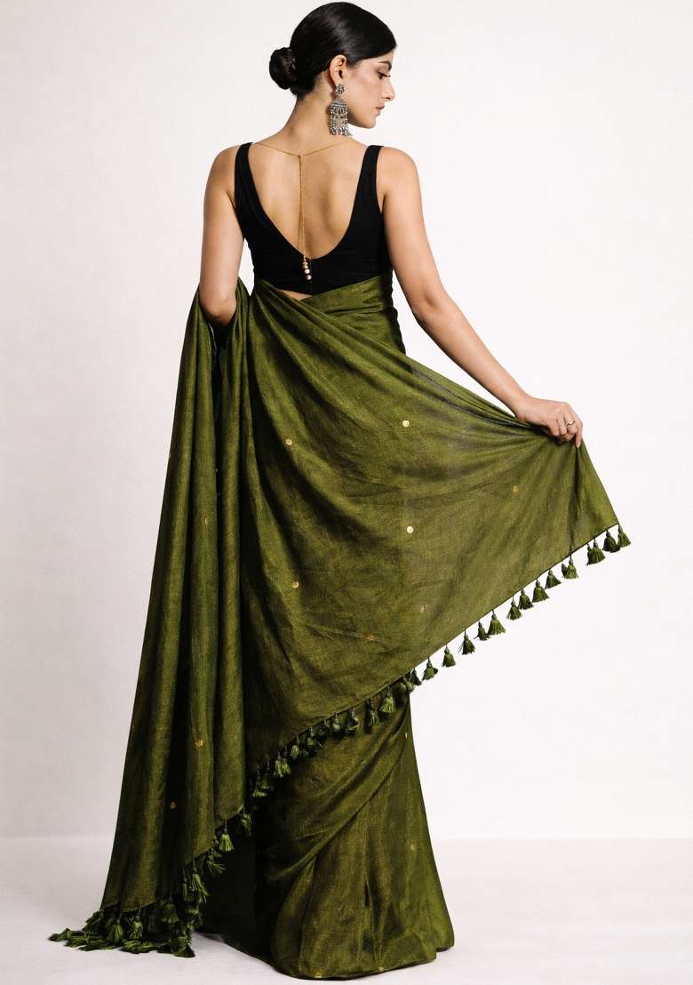 Bottle Green Woven Khadi Saree Set for Diwali | Wedding & Festive Wear - Indya