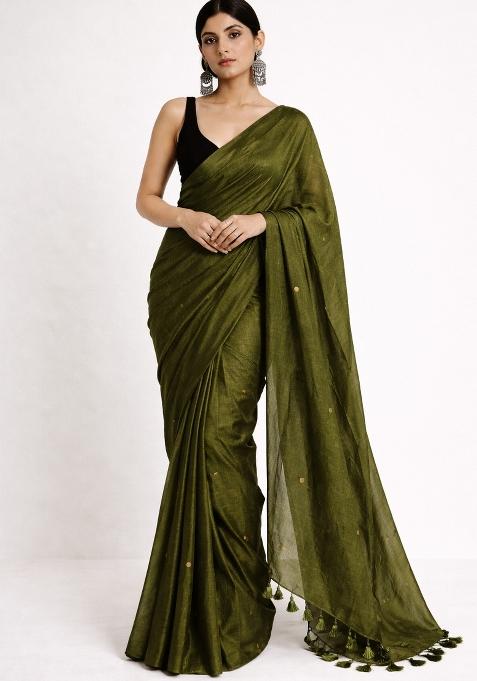 Bottle Green Woven Khadi Saree Set