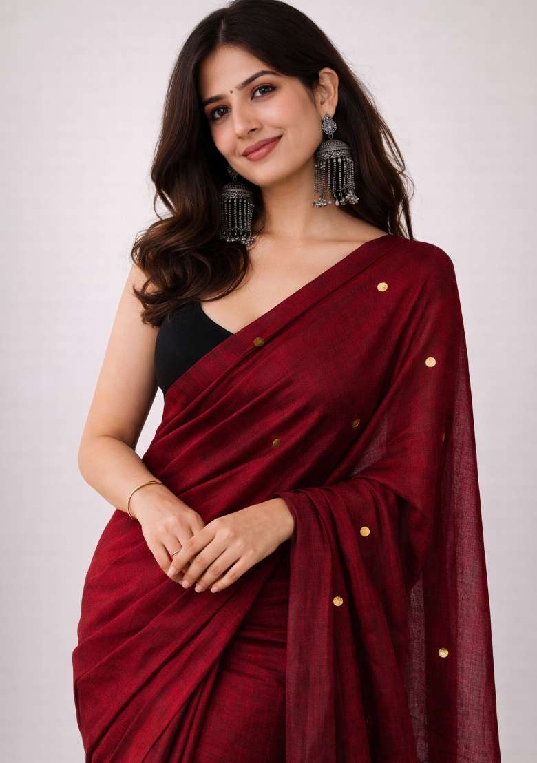 Brick Red Woven Khadi Saree Set for Diwali and Festive Wear - Indya