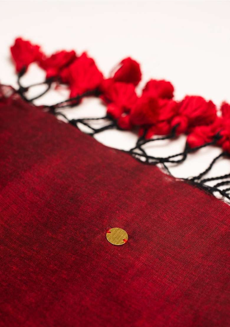 Brick Red Woven Khadi Saree Set for Diwali and Festive Wear - Indya