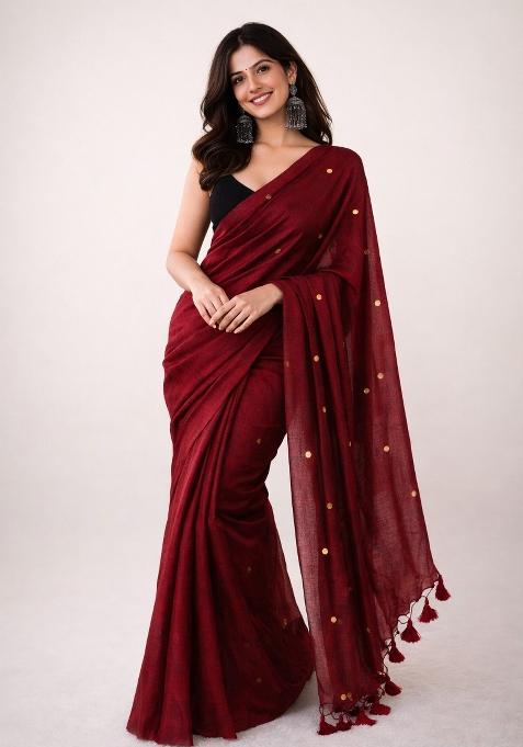 Brick Red Woven Khadi Saree Set