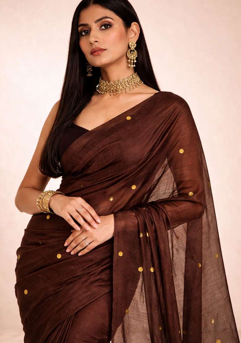 Brown Woven Khadi Saree Set for Diwali | Wedding & Festive Wear - Indya