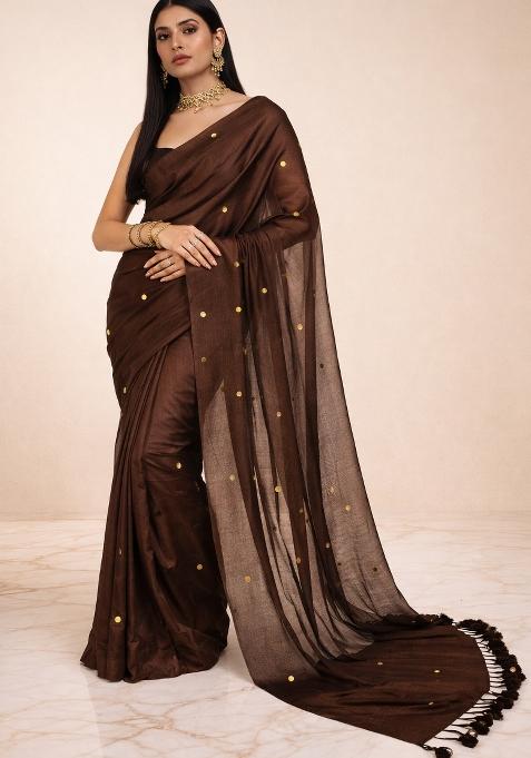 Brown Woven Khadi Saree Set